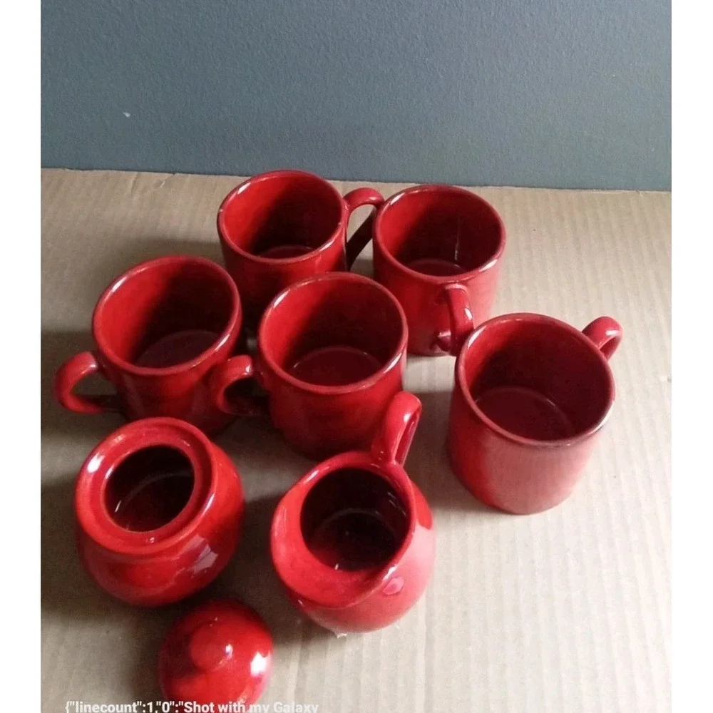 Red Ceramic Coffee Set,‎ 5Cups, Creamer, Sugar Bowl and Lid Included
